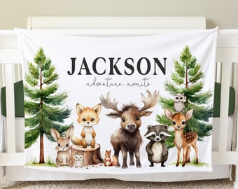 Woodland Blanket, Personalized Baby Blanket Gift, Toddler Blanket, Forest Decor, Toddler Birthday Gift, Woodland Theme Adventure Awaits BB20