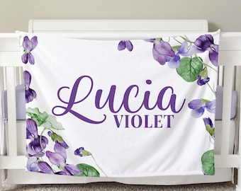 Violet Floral Personalized Baby Blanket, Custom Baby Blanket, Baby Shower Gift, Nursery Blanket, Crib Blanket, Hospital, Car Blanket