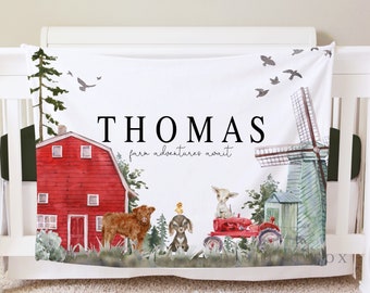 Farm Blanket, Personalized Baby Gift, Toddler Blanket, Baby Farm Nursery Decor, Toddler Birthday Gift, Farm Theme Adventures Await BB06