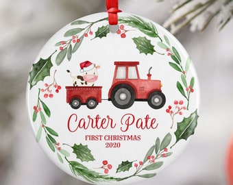 Farm Baby First Christmas Ornament, Personalized Baby Christmas Ornament, Cow Christmas, Tractor Holiday Baby Ornament