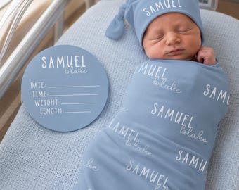 Personalized Baby Swaddle Set, Custom Newborn Blanket with Name Hat, Baby Coming Home Outfit, Optional Name Sign Add On JS55