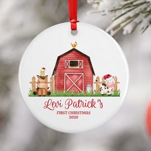 Farm Baby First Christmas Ornament, Personalized Baby Christmas Ornament, Cow Christmas, Barn Holiday Baby Ornament