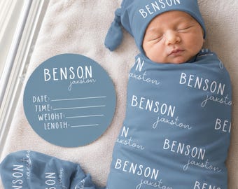 Personalized Baby Swaddle Set, Custom Newborn Blanket with Name Hat, Baby Coming Home Outfit, Optional Name Sign Add On JS55