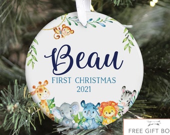 Safari Baby First Christmas Ornament, Adorno de Navidad para bebé personalizado, Jungle Animal Christmas, Holiday Baby Ornament