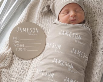 Personalized Baby Swaddle Set, Custom Newborn Blanket with Name Hat, Baby Coming Home Outfit, Optional Name Sign Add On JS55
