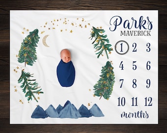 Mountain Milestone Blanket, Monthly Growth Tracker, Personalized Baby Blanket, Custom Blanket, Baby Shower Gift, New Baby Gift, BM13