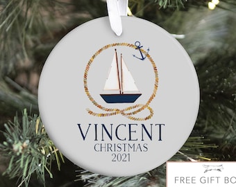 Nautical Baby First Christmas Ornament, Personalized Baby Christmas Ornament, Sail Boat Boy Ornament, Holiday Baby Gift, Stocking Stuffer