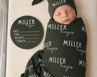 Personalized Baby Swaddle Set, Custom Newborn Blanket with Name Hat, Baby Coming Home Outfit, Optional Name Sign Add On JS55