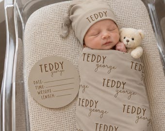 Personalized Baby Swaddle Set, Custom Newborn Blanket with Name Hat, Baby Coming Home Outfit, Optional Name Sign Add On JS55