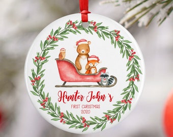 Woodland Baby First Christmas Ornament, Personalizado Baby Christmas Ornament, Deer Fox Racoon Owl Forest Boy Ornament, Holiday Baby Ornament