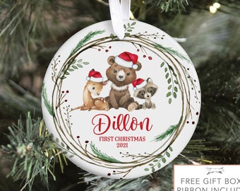 Woodland Baby First Christmas Ornament, Adorno de Navidad para bebé personalizado, Deer Fox Racoon Owl Forest Boy Ornament, Holiday Baby Ornament