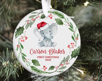 Elephant Baby First Christmas Ornament, Personalized Baby Christmas Ornament, Safari Animal Christmas, Holiday Baby Ornament