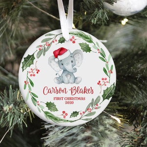 Elephant Baby First Christmas Ornament, Personalized Baby Christmas Ornament, Safari Animal Christmas, Holiday Baby Ornament