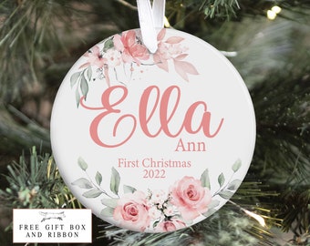 Baby First Christmas Ornament, Personalized Baby Christmas Ornament, Pink Floral Christmas, Holiday Baby Ornament