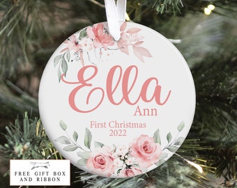 Baby First Christmas Ornament, Personalized Baby Christmas Ornament, Pink Floral Christmas, Holiday Baby Ornament