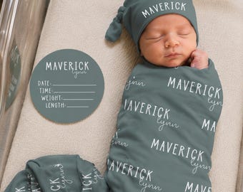 Personalized Baby Swaddle Set, Custom Newborn Blanket with Name Hat, Baby Coming Home Outfit, Optional Name Sign Add On JS55