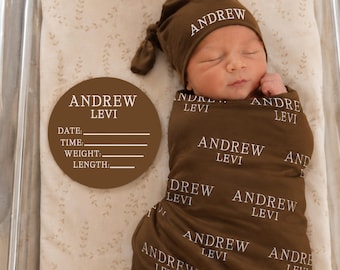 Personalized Baby Swaddle Set, Custom Newborn Blanket with Name Hat, Baby Coming Home Outfit, Optional Name Sign Add On JS54