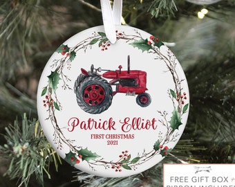 Farm Baby First Christmas Ornament, Personalized Baby Christmas Ornament, Christmas Tractor Holiday Baby Ornament