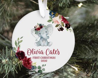 Elefante Floral Primer Adorno de Navidad, Adorno de Navidad personalizado para bebés, Adorno floral personalizado, Adorno para bebés de vacaciones de safari