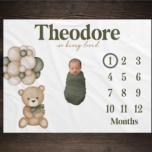 Bear Baby Milestone Blanket, Monthly Growth Tracker, Personalized Baby Blanket, Custom Blanket, Baby Shower Gift, New Baby Gift, BM33