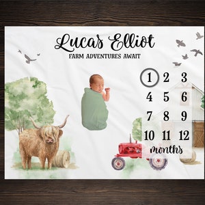 Highland Cow Farm Milestone Blanket, Farm Monthly Growth Tracker, Personalized  Blanket, Custom Blanket, Baby Shower Gift, Baby Boy Photos