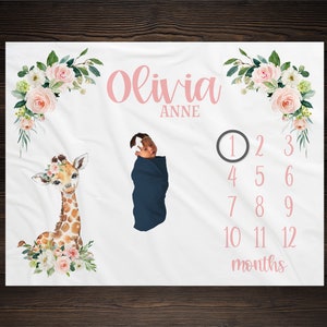 Floral Giraffe Milestone Blanket Personalized Monthly Growth Tracker Custom Baby Shower Gift Newborn Safari Nursery