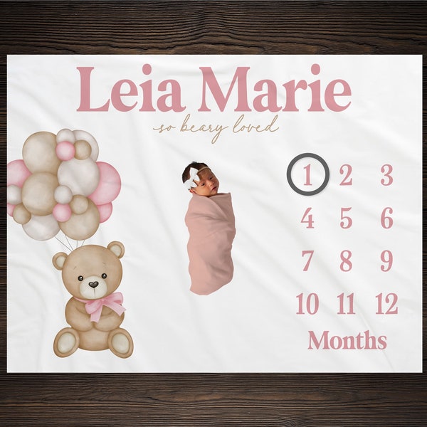 Bear Baby Milestone Blanket, Monthly Growth Tracker, Personalized Baby Blanket, Custom Blanket, Baby Shower Gift, New Baby Gift, GM15