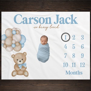 Bear Baby Milestone Blanket, Monthly Growth Tracker, Personalized Baby Blanket, Custom Blanket, Baby Shower Gift, New Baby Gift, BM32