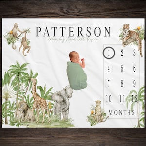 Safari Theme Milestone Blanket For Monthly Growth Photos, Perfect Baby Shower Gift For Mom To Be With Jungle Animals Theme, BM31