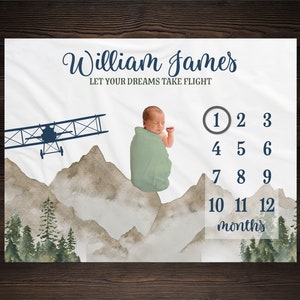 Airplane Milestone Blanket Monthly Growth Tracker Aircraft Blanket Baby Shower Gift Newborn Gift Blanket Watch Me Grow Baby Boy BM05