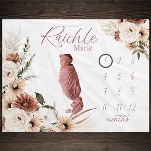 Boho Milestone Blanket For Baby Girl, Floral Growth Track Blanket, Monthly Baby Photo Prop, Rose Theme Baby Shower Gift, Newborn Photography image 1