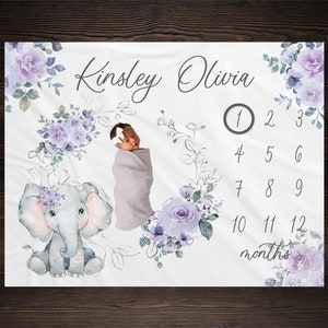 Elephant Milestone Blanket, Baby Month Blanket, Baby Girl Milestone Blanket Track Growth Keepsake Baby Shower Gift Roses Floral Blanket GM09