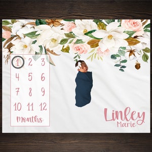 Magnolia Milestone Blanket, Milestone Blanket, Baby Shower Gift, Baby Keepsake Gift, Girl Milestone Blanket, Growth Chart Blanket