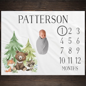 Woodland Milestone Blanket, Monthly Growth Tracker, Personalized Baby Blanket, Custom Blanket, Baby Shower Gift, New Baby Gift, Baby Boy