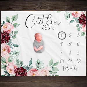 Rose Milestone Blanket For Baby Girl, Floral Growth Track Blanket, Monthly Baby Photo Prop, Rose Theme Baby Shower Gift, Newborn Photo GM03