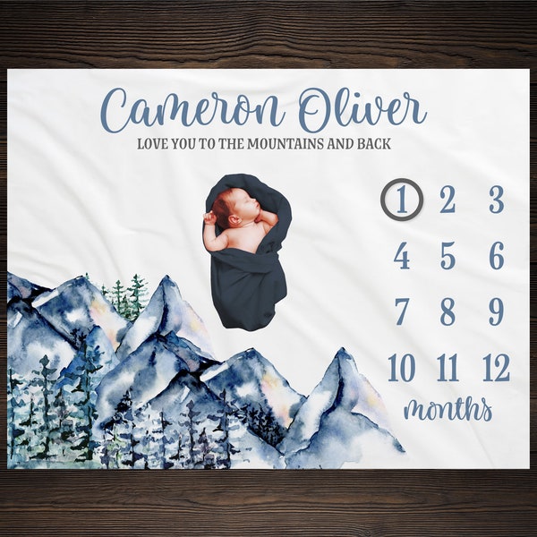 Mountain Milestone Blanket, Monthly Growth Tracker, Personalized Baby Blanket, Custom Blanket, Baby Shower Gift, New Baby Gift, BM11