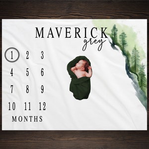 Woodland Milestone Blanket, Monthly Growth Tracker, Personalized Baby Blanket, Custom Blanket, Baby Shower Gift, Forest Trees, BM07