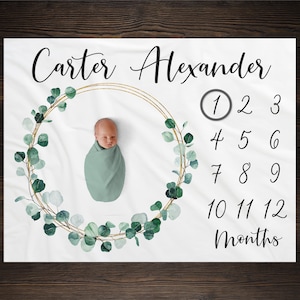 Eucalyptus Greenery Milestone Blanket, Personalized Baby Blanket, Custom Blanket, Baby Shower Gift, New Baby Gift, Baby Boy Growth Tracker image 1