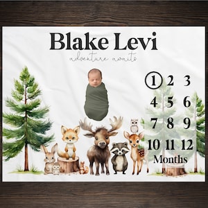 Woodland Milestone Blanket, Monthly Growth Tracker, Personalized Baby Blanket, Custom Blanket, Baby Shower Gift, New Baby Gift, BM36