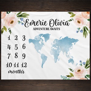 Adventure Map Milestone Blanket, Baby Milestone Blanket, Floral World Map Milestone Blanket, Personalized Baby Shower Gift, Baby Girl