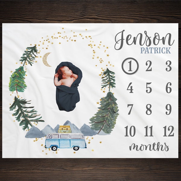 Mountains Camping Milestone Blanket, Monthly Growth Tracker, Personalized Baby Blanket, Custom Blanket, Baby Shower Gift, Baby Boy