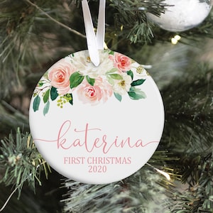 Floral Baby First Christmas Ornament, Personalized Baby Christmas Ornament, Floral Personalized Ornament, Holiday Baby Ornament