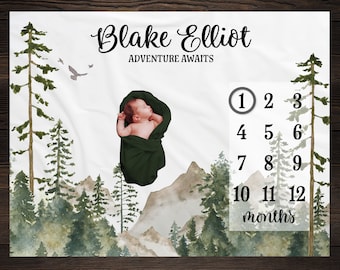 Mountains Milestone Blanket, Monthly Growth Tracker, Personalized Baby Blanket, Custom Blanket, Baby Shower Gift, New Baby Gift, BM01