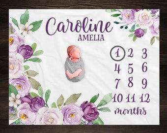 Purple Floral Milestone Blanket Personalized Monthly Growth Tracker Custom Baby Shower Gift Newborn Purple Nursery