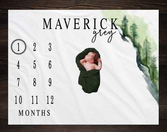 Woodland Milestone Blanket, Monthly Growth Tracker, Personalized Baby Blanket, Custom Blanket, Baby Shower Gift, Forest Trees, BM07