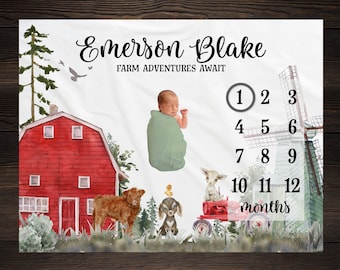 Farm Milestone Blanket, Farm Monthly Growth Tracker, Personalized Baby Blanket, Custom Blanket, Baby Shower Gift, New Baby Gift, BM30