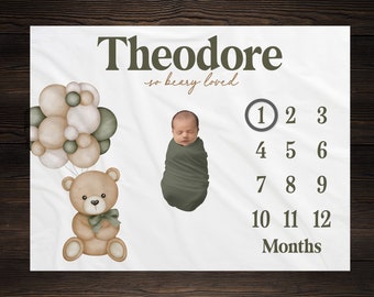 Bear Baby Milestone Blanket, Monthly Growth Tracker, Personalized Baby Blanket, Custom Blanket, Baby Shower Gift, New Baby Gift, BM33
