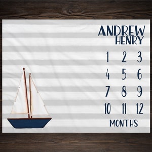 Nautical Baby Milestone Blanket Month Blanket Baby Growth Tracker Fleece Blanket Baby Shower Baby Newborn Gift Baby Boy Sail Boat Nursery