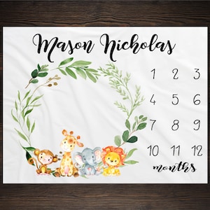 Safari Milestone Blanket Monthly Growth Tracker Soft Fleece Blanket Baby Shower Gift Newborn Gift Blanket Watch Me Grow Baby Boy Girl