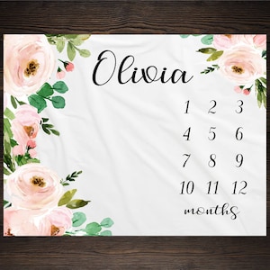 Baby Girl Milestone Blanket Month Growth Tracker Minky Fleece Blanket Custom Personalized Baby Shower Gift Watercolor Floral Newborn